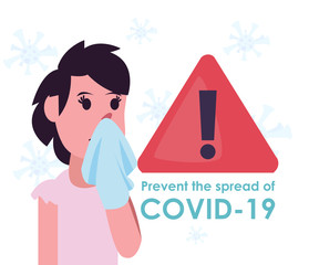 Woman with cold alarm and covid 19 virus vector design