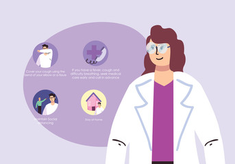 Woman doctor and tips for prevent spread of Covid 19 virus vector design