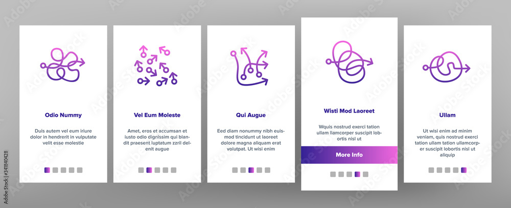 Poster chaos arrow movement onboarding icons set vector. confused complicated way as chaos or problem, chao