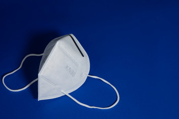 KN95 or N95 white mask with antiviral medical mask for protection against coronavirus on blue background.