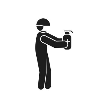 coronavirus and health concept, pictogram man with mouth mask and antibacterial gel bottle, silhouette style