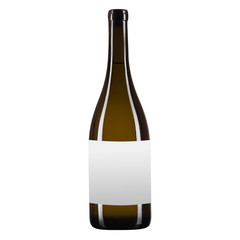 Empty glass wine or champagne bottle with white label for mockup, on white isolated background. Square frame