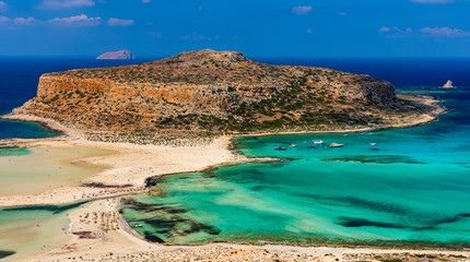Fantastic panorama of Balos Lagoon and Gramvousa island on Crete, Greece. Cap tigani in the center....