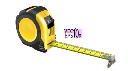 Realistic Tape measure isolated on white background. Photo-realistic roulette construction tool isometric. Length measuring. Design case in yellow-black version. Vector illustration.