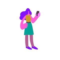 young cartoon woman hold smartphone