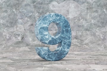 Marble 3d number 9. Blue marble number on stone background. 3d render.