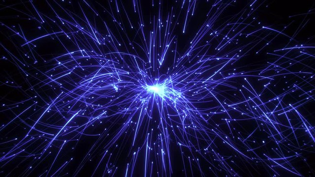 Light with glitter fireflys radiance and glowing shimmer. Light ray in space. Abstract geometric background with moving lines, dots. Plexus, light ray, warp 