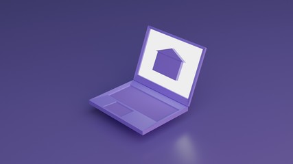 3D rendering of a laptop with its screen on and showing a house symbol denoting 'work from home' or 'online education'