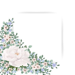 Beautiful background with branch leaves, flowers and space for text. Vector illustration. EPS 10.