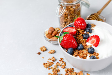 Homemade oatmeal granola bowl with greek yogurt, berries, honey and nut