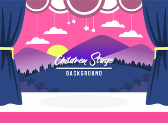 white stage with curtain and mountain background. Flat Vector Illustration. Kids Design Background. Web vector illustration. Vector Background.