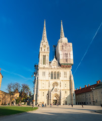 Fototapeta na wymiar Old town architecture and famous restored Cathedral of Zagreb in Croatian Zagreb city, Croatia. Panoramic summer view