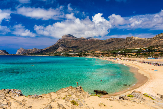 Shot of beautiful turquoise beach Falasarna (Falassarna) in Crete, Greece. View of famous paradise sandy deep turquoise beach of Falasarna (Phalasarna) in North West, Crete island, Greece.