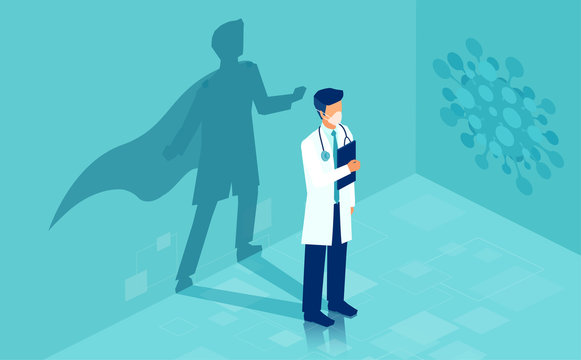 Vector of a brave doctor with a super hero shadow.