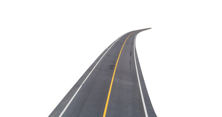 Asphalt road curve with yellow line on road on white background with clipping path.