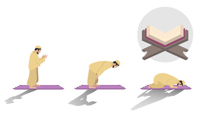 namaz flat icon set, character commits a sajda design element for illustration. flat icon