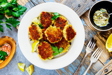 Vegetable pancakes and yogurt dressing