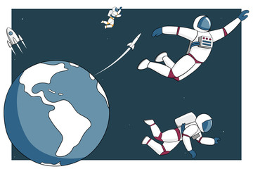 People in space suits fly away from the earth