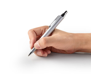 Hand Holding a pen on white background with clipping path