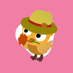 Illustration of Yellow Bird Wearing a Hat And Carrying Flowers in its Beak Cartoon, Cute Funny Character, Flat Design