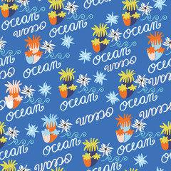 Light blue with marine elements and the word ocean seamless pattern background design.