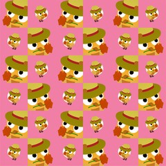 Yellow Bird Wearing a Hat And Carrying Flowers in its Beak Cute Illustration, Cartoon Funny Character, Pattern Wallpaper 