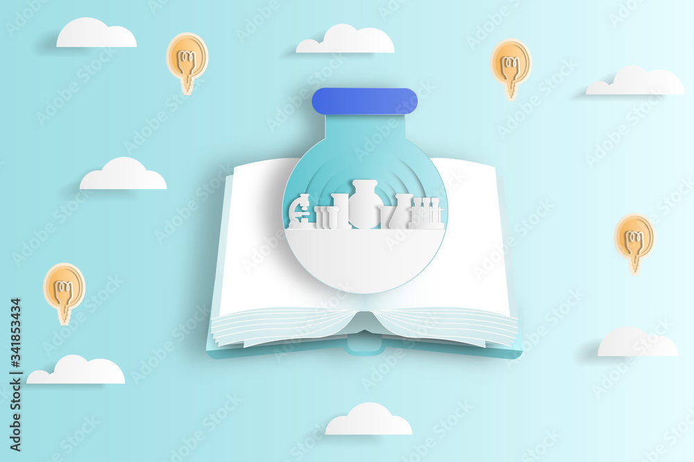 Poster paper art style vector illustration of laboratory equipment in flask on the open book with clouds an