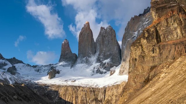 Time lapse view of iconic granite towers in Torres del Paine National Park, Patagonia, Chile, South America.