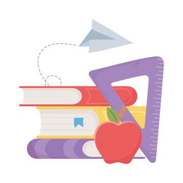Isolated school books ruler and apple vector design