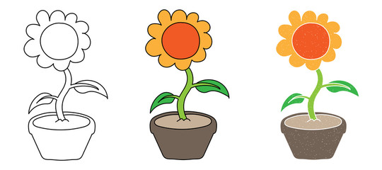 flower in a pot vector design. black and white. digital hand drawn. grain texture