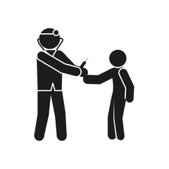 coronavirus and health concept, pictogram doctor man with syringe and kid, silhouette style
