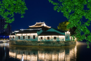 traditional ancient buildings in jiujiang at night