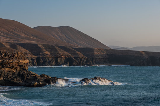 ajuy beach on Fuerteventura islans at sunset. Canary, Spain, october 2019