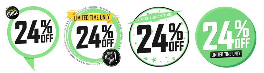 Set Sale 24% off banners, discount tags design template, promo app icons, vector illustration