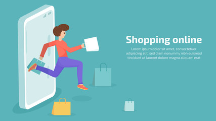 Woman run shopping online in smartphone mobile. vector illustration.