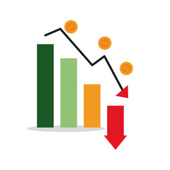 graphic bar chart with descending arrow and money coins, colorful design