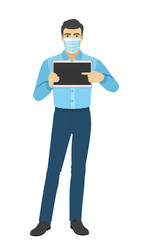Man in medical mask pointing at digital tablet PC. Portrait of man in a flat style.