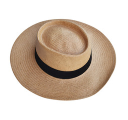 Beautiful straw hat, beautiful with a ribbon and bow on the beach hat, white background