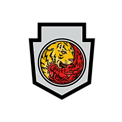 Mascot icon illustration of Chinese red dragon and tiger eye inside yin yang symbol shape viewed from front set inside circle on isolated background in retro style.