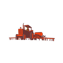 Retro style illustration of farm tractor pulling an anhydrous ammonia or nitrogen tank and fertilizer applicator applying the anhydrous to a field on isolated background.