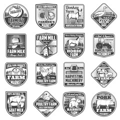 Farming agriculture, poultry and cattle farm vector icons. Agricultural harvesting machinery, organic dairy and vegetable products, natural meat of cow, rabbit, and pork, farmer market signs