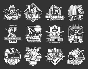 Baseball championship cup and sport fan club vector icons. Softball game school team or university league badge emblems with baseball bat and ball, professional player and batter equipment