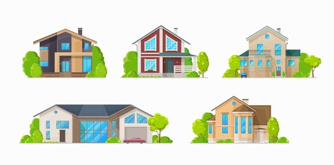 Houses and residential buildings, real estate vector icons. Family house and mansions, duplex apartments and townhouse villas, city private property and town architecture