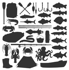 Fishing vector icons of fisherman equipment lures and fishes. Fishing rod, inflatable boat and camping tent, tackles and hooks for river carp and lake pike, perch, flounder and seafood crab