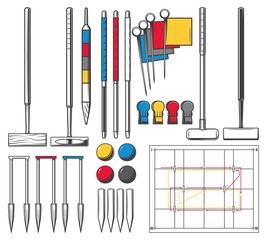 Croquet game equipment, vector icons. Croquet sport club team accessory balls and wooden mallet, score flags, hoops, pins and players court field