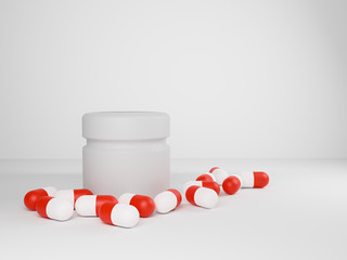 3D render red and white drugs capsule,bottles on white background