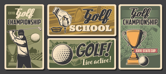 Golf sport championship cup and golfer school vintage retro vector posters. Professional golf club tournament, ball and stick on green course, hobby and sport activity