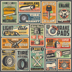 Cars auto service and mechanic garage station, vector vintage retro posters. Automotive diagnostic, engine repair, tire fitting and pumping, vehicle mufflers, brake pads and spare parts shop - obrazy, fototapety, plakaty