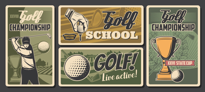 Golf sport championship cup and golfer school vintage retro vector posters. Professional golf club tournament, ball and stick on green course, hobby and sport activity
