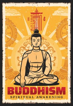 Buddhism religion vector vintage retro poster, Buddha meditation posture and mudra hand. Buddhist religious worship, spiritual awakening and mind enlightenment, Dharma teaching and Tibetan philosophy